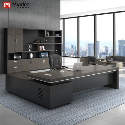 আধুনিক পরিবেশ-বান্ধব এল-আকৃতির এক্সিকিউটিভ কম্পিউটার ডেস্ক, বড় ধারণক্ষমতার স্টোরেজ সাব-ক্যাবিনেট সহ